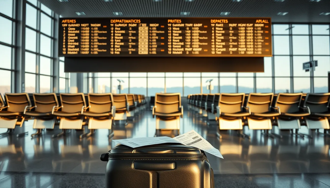 Hall de départ vide au petit matin avec valise et carte d'embarquement posées sur un siège